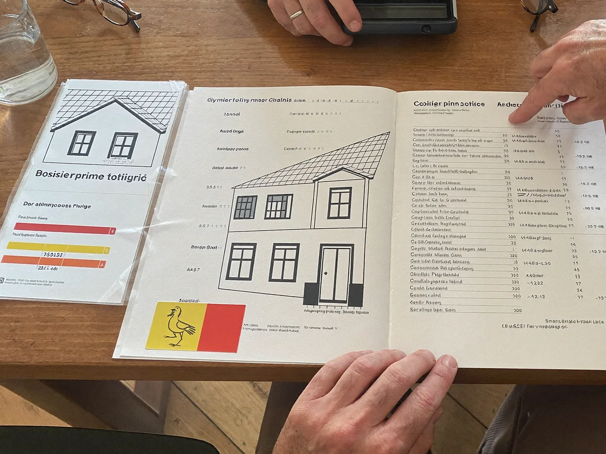 Sur une table : devis de toiture avec le dessin de la maison, dossier de prime wallon et certificat PEB, une main pointe une ligne